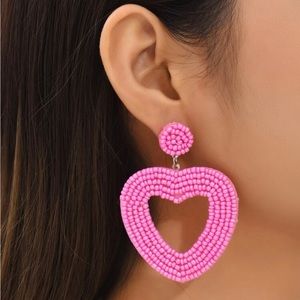 Pink Beaded Heart Earrings